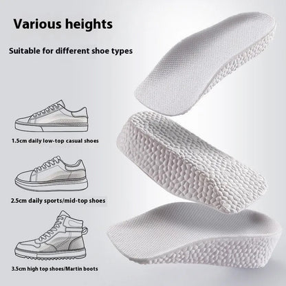 White shoe insole with different height options shown above various shoe types on a light gray background.
