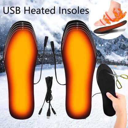 USB Heated Insoles with charging cable on a snowy background