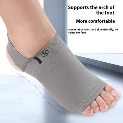 Gray ankle support brace on a foot with text highlighting its benefits.