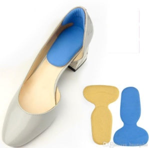 Gray shoe with blue and yellow insoles on a white background